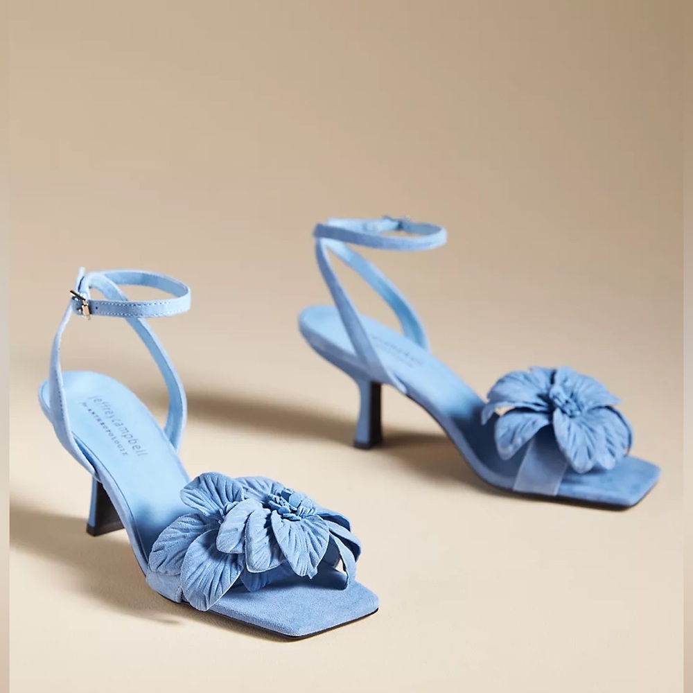 New Jeffrey Campbel Essence Kitten Heels Blue Suede Floral Anthro Womens